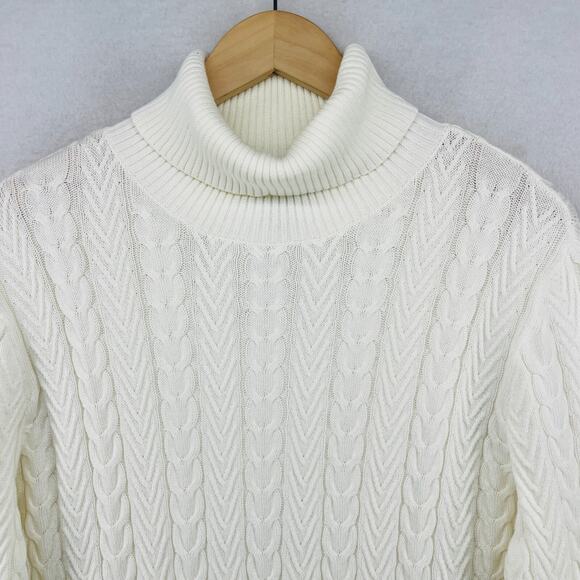 LANDS END Sweater Womens L 14-16 Turtleneck Cable Knit Pullover Cotton Off White - Picture 6 of 16